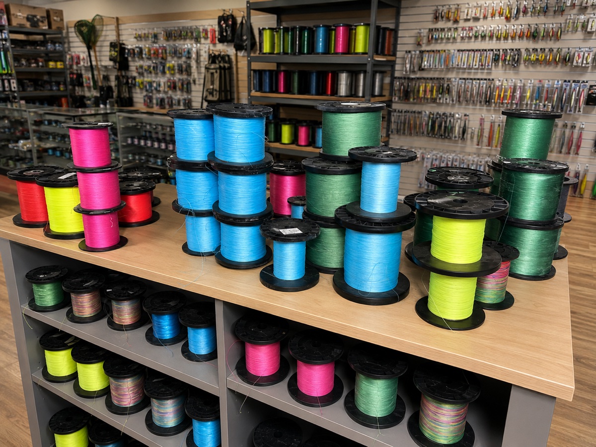 Tackle shop counter stocked with colored bulk line spools