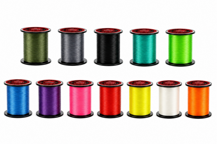 Braided fishing line color library — moss green, grey, black, teal, lime, blue, purple, pink, red, yellow, white and orange