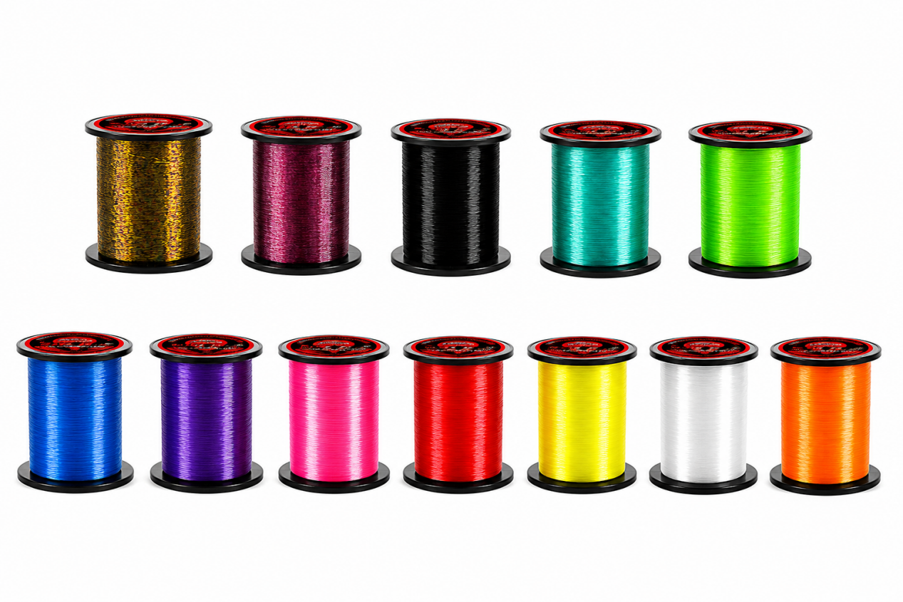 Nylon monofilament color library — gold, wine, black, teal, green, blue, purple, pink, red, yellow, clear and orange